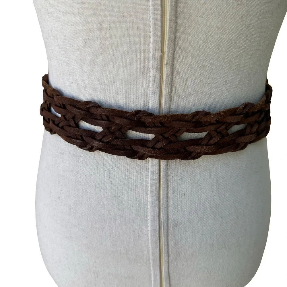 Vintage Wide Braided Leather Belt Double O-Ring Buckle Boho Western Woven Brown
